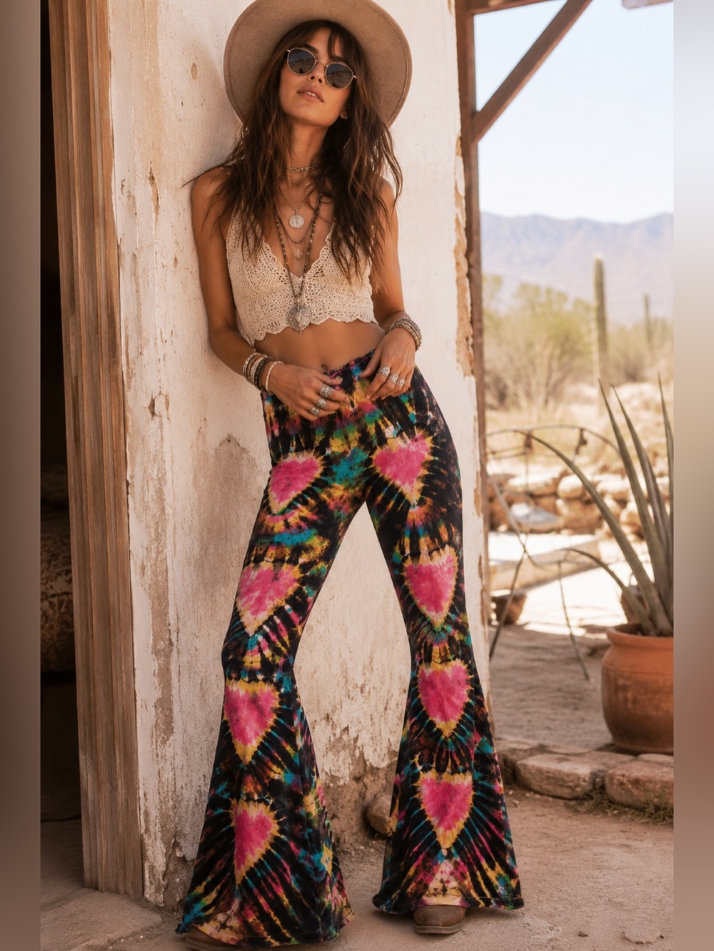 Lakhays Tie-Dye Hearts High-Rise Wide Leg Flare Legging Pants Black Pink Hippie